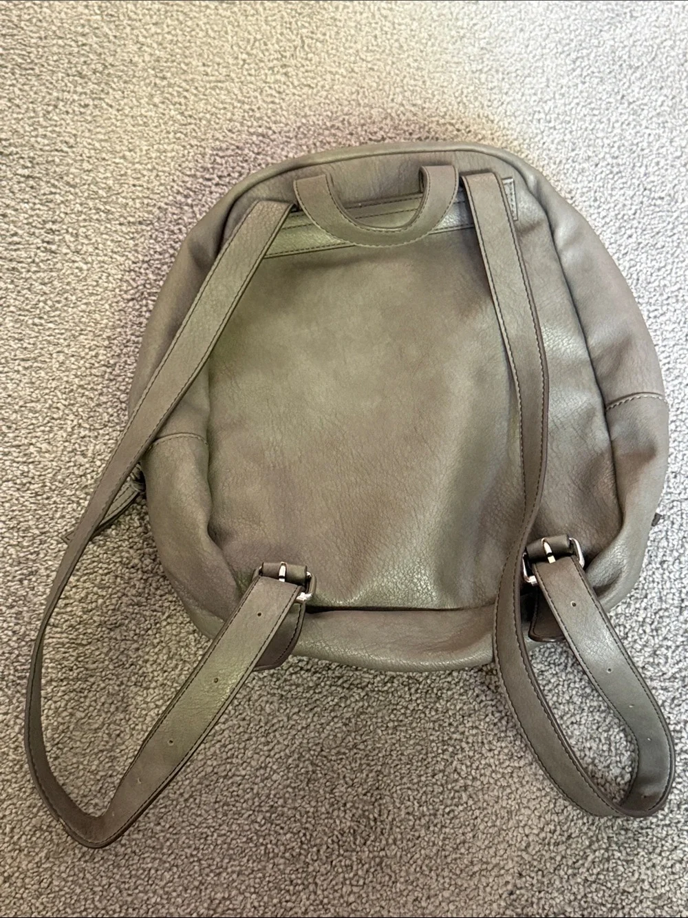 Nicole Miller Gray Faux Leather Backpack Bag. Adjustable Straps. 12”x12”x4”.